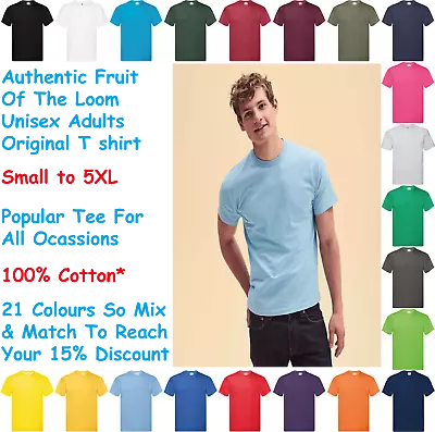 Buy Unisex Mens Womens T Shirt Fruit Of The Loom Original Tee 21 Colours Up To 5XL • 3.65£