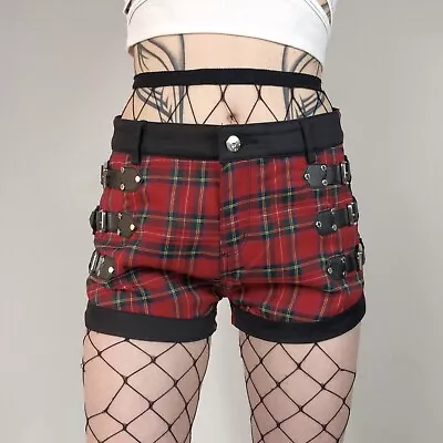 Buy Banned Apparel Shorts 10 Red Black Plaid Studs Buckles Mini Mall Goth Alt Emo • 32£