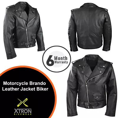 Buy Mens Black Classic Motorcycle Perfecto Brando Cowhide Leather Jacket Biker UK • 54.99£