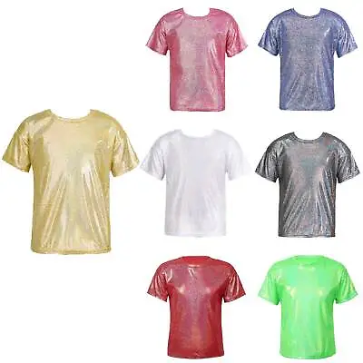 Buy Girls Boys Sparkly Shiny T-Shirt Short Sleeve Top For Dance Performance Costume • 9.57£