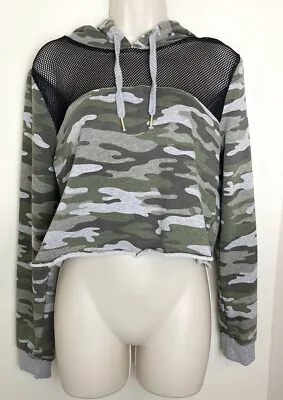 Buy Guess Sweatshirt  Womens Cropped Camo Print  Hooded Size L Mesh Panel Drawstring • 19.30£