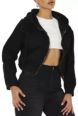 Buy Womens Coat Zip Up Hooded Hoody Long Sleeve Thick Denim Cropped Bomber Jacket • 6.99£