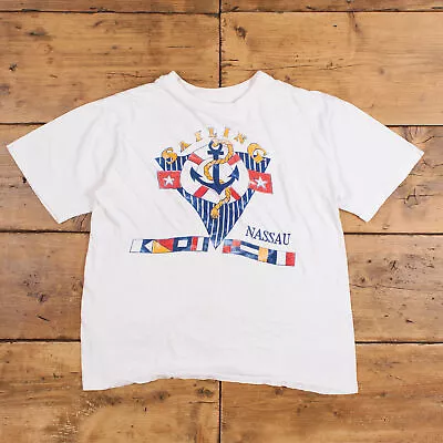 Buy Vintage Single Stitch T Shirt Graphic L 80s Coco Walk Nautical Sailing White • 24.99£