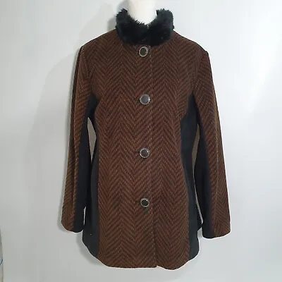 Buy Bob Mackie Size M UK 12-14 Black & Brown Faux Fur Collar Fleece Jacket Coat • 10£