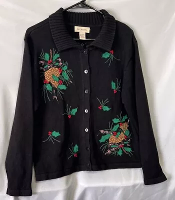 Buy Bechamel Holiday Christmas Cardigan Size Large Black With Holly And Pine Cones. • 21.73£
