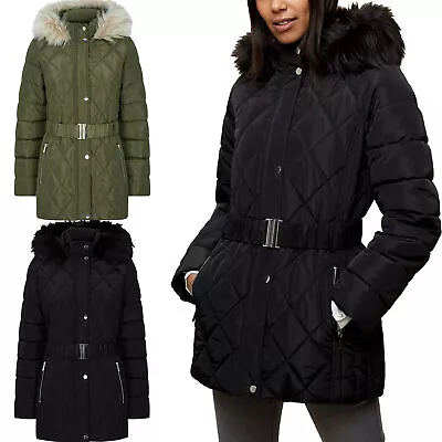 Buy New Ex Brand DP Womens Padded Jacket Faux Fur Hooded Quilted Belted Ladies Coat • 29.99£