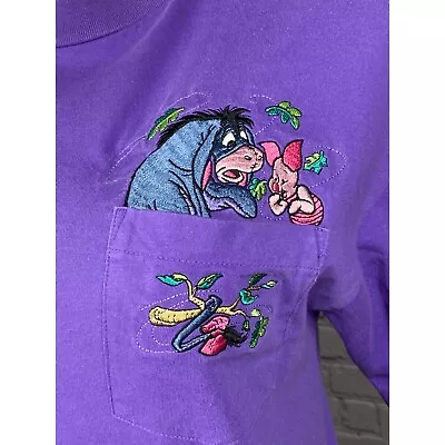 Buy Vtg Disney Peeking Eeyore Piglet Purple Pocket SS T-Shirt Size Large Embroidered • 28.41£