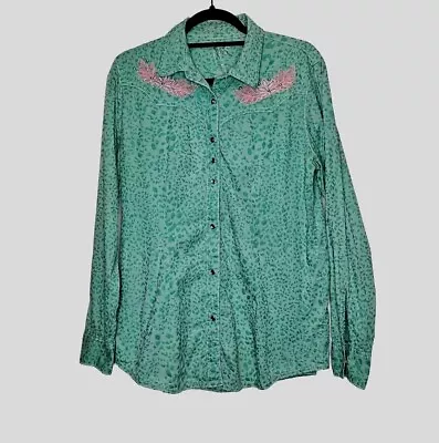 Buy Wrangler Rock 47 Women's Western Shirt Sz L Leopard Embroidered Pink Pearl Snap • 17.95£