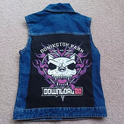Buy Download Festival Distressed Denim Battle Jacket Cropped Vest Size 8 • 25£