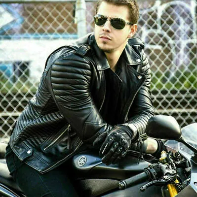 Buy Slim Fit Men's Motorcycle Bomber Classic Biker Quilted Black Real Leather Jacket • 110.14£