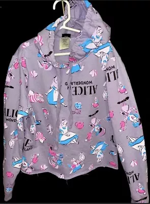 Buy Disney Alice In Wonderland Cropped Rough Cut Hoodie Sweatshirt Juniors Lavender • 18.94£