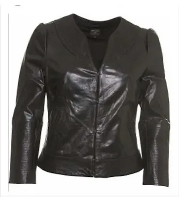 Buy Kate Moss Topshop Leather Jacket Vtg Black Ribbed Sleeve V-neck 12 40 Preloved • 75£