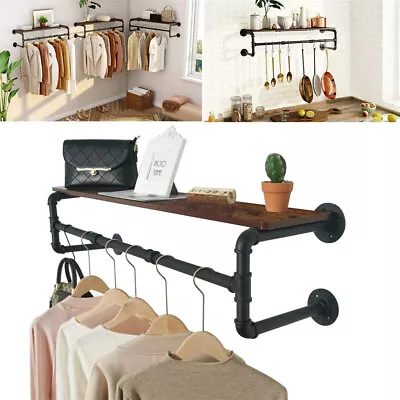 Buy Industrial Steam Punk Clothes Rack Wooden Top Shelf Garment Bar For Shops Homes • 39.96£