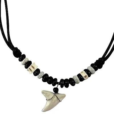 Buy Shark Tooth Pendant Necklace Wood Beads Chain Mens Womens Boys Girls Jewellery • 4.99£