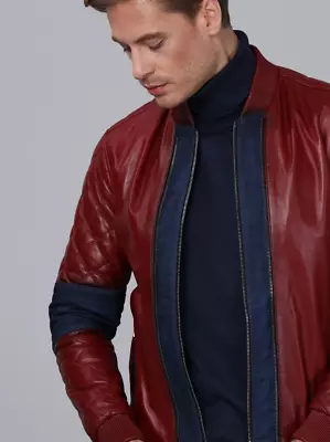 Buy Fashion Black & Maroon Modern Mens Genuine Leather Jacket Real Motorcycle Riding • 159.99£
