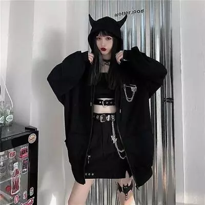 Buy Devil Horn Zip Up Hooded Sweatshirt Jacket Gothic Halloween Women's Hoodie • 24.97£