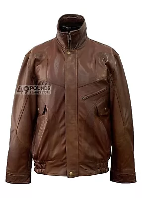Buy Mens Bomber Style Brown Leather Jacket Reefer Biker Style Studded Cuffs P-501 • 49£