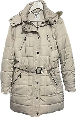 Buy Jasper Conran Off White Padded Winter Jacket With Faux Fur Hood Mid Length UK 16 • 32.99£