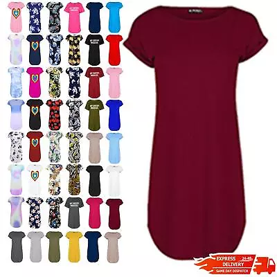 Buy Womens Ladies Curved Hem Oversized Baggy Turn Up Sleeve T-Shirt Tunic Mini Dress • 4.49£