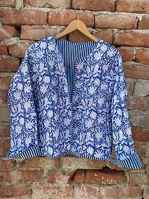 Buy Indian Royal Blue Floral Cotton Quilted Unisex Jacket Women's Clothing Jacket US • 33.90£