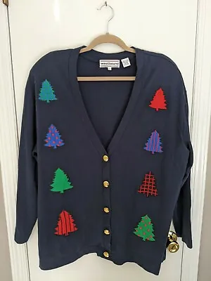 Buy Westbound Christmas Cardigan Sweater Women's Large/L Navy Blue With Trees • 5.64£