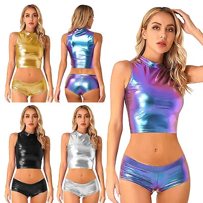 Buy Sexy Women's Rave Holographic Bodysuit Mini Two Piece Hologram Metallic Clubwear • 16.19£