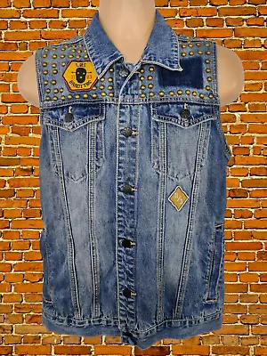 Buy Mens Kill City Small Blue Denim Studded Sleeveless Punk Rock Custom Jacket Vest • 19.99£