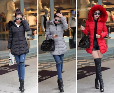 Buy Womens Winter Hooded Cotton Coat Fashion Faux Fur Parka Padded Slim Long Jacket • 25.86£