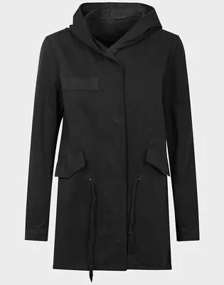 Buy Womens Black & Blue Cotton Zip Longline Summer Parka Jacket Coat Size XS To XL • 10.99£