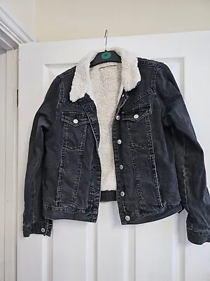 Buy Black Long Sleeved, Fur Lined, Denim Jacket By Topshop Moto Size 12 • 6.50£