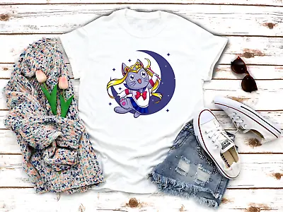 Buy Meow Cat Sailor Moon T Shirts White Women's 3/4 Short Sleeve T-Shirt A783 • 9.92£
