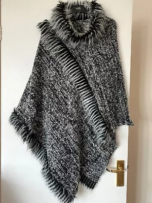 Buy Kaleidoscope Black Grey Poncho Cape Shawl ISFM Woollen Faux Fur Collar Wrap M33 • 24.97£