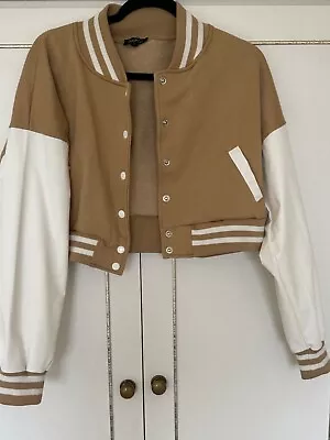 Buy Ladies Cropped Size 12 Bomber Varsity Jacket Beige With Contrast White Sleeves • 9.99£