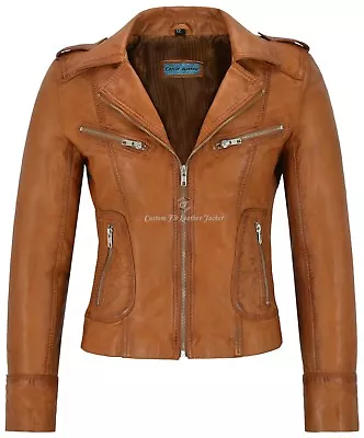 Buy Ladies Real Leather Jacket Tan Napa Biker Motorcycle Style 9823 • 119.75£