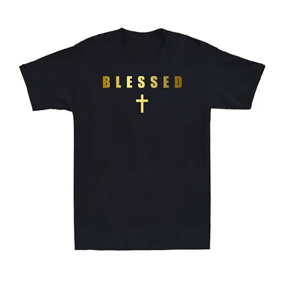 Buy Blessed Cross Christian Minimalist Religious Faith Golden Print Men's T-Shirt • 13.99£