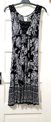 Buy Forbidden BOHO 100% RAYON Midi Dress Small Black Gray Purple Beaded Crochet Tie • 22.17£