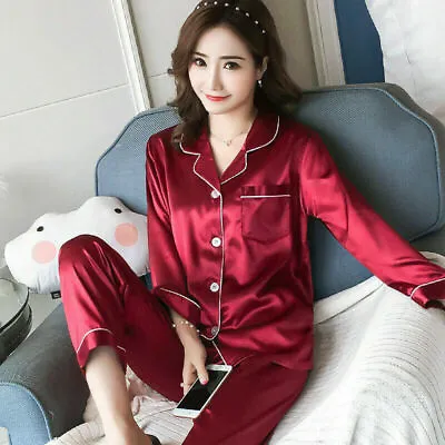 Buy Ladies Satin Pyjamas Ladies PJs Silk Long Sleeve Soft Sleepwear Nightwear Set UK • 12.34£