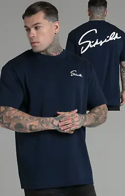 Buy SikSilk Men's Oversized Fit Drop Shoulder Script T-Shirt Tee Navy • 20£