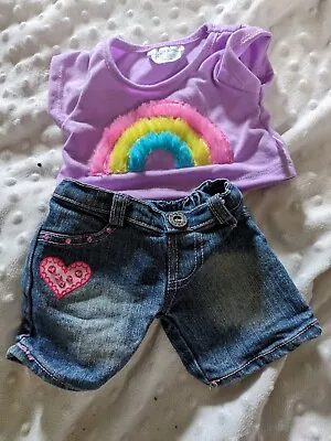 Buy BUILD A BEAR FUZZY RAINBOW T SHIRT And Denim Shorts Outfit • 4.99£