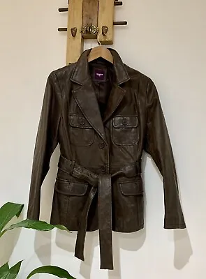 Buy Y2K New Look Inspire Vintage Genuine Leather Brown Belted Biker Coat Jacket 16 • 39.95£