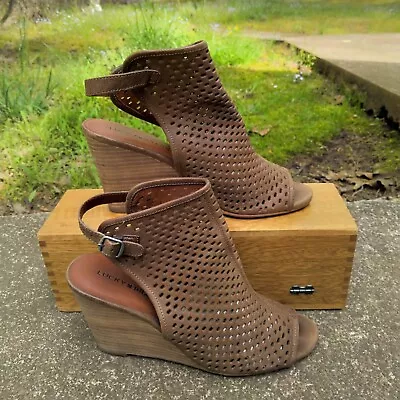 Buy Lucky Brand Risza Wedge Heels Sz 9 Open Toe Booties Brown Leather Sling Back  • 21.73£