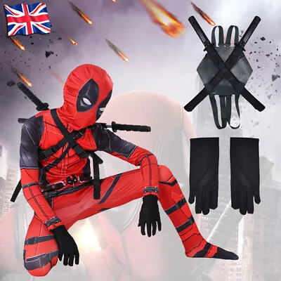 Buy Kids Deadpool Costume Superhero Cosplay Boy Lycra Morph Party Jumpsuit + Swords~ • 16.57£