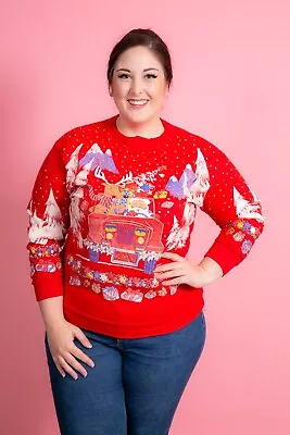 Buy 80s Vintage Red & White Glittered Textured Santas Taxi Christmas Sweatshirt  M • 35£