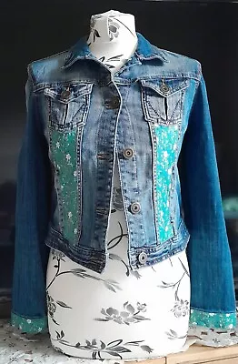 Buy Upcycled Vintage Denim Jacket With Green Floral Hand Stitched Panels 30  Chest • 29.99£