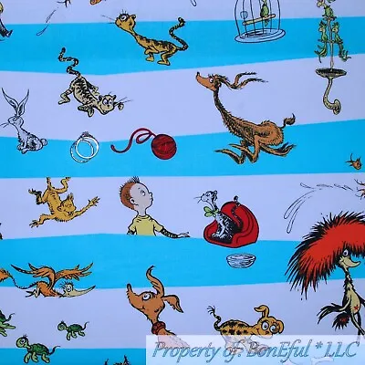 Buy BonEful FABRIC FQ Cotton Quilt Aqua White Stripe Dr Seuss Pet Bird Dog Cat Tiger • 6.24£