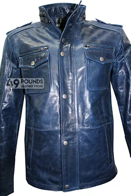 Buy Mens Leather Jacket Navy Glaze Reefer Biker Style Zipped Cuffs 5540 • 41.65£