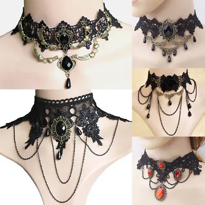 Buy Gothic Vintage Black Choker Collar Crystal Pendant Necklace Chain Women Jewelry • 3.47£