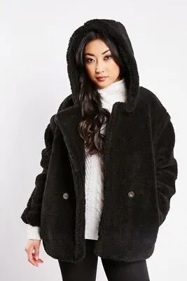 Buy Single Breasted Fleece Teddy Fur Hooded Jacket - Colour Black - Size 10 - 12 Nwt • 7.99£