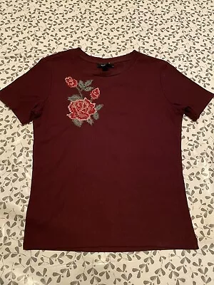 Buy New Look Ribbed Burgandy Tshirt Witb Embroided Rose Design Size 10 Short Sleeves • 8£