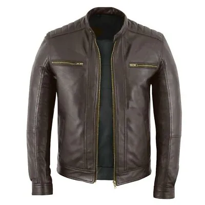 Buy Mens Vintage Cafe Racer Brown Leather Casual Slim Fit Real Biker Jacket • 74.99£